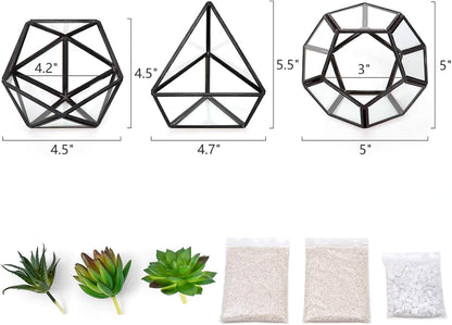 3 Pack Fake Succulents in Geometric Glass Terrarium Gold Office Decor | Lifelike Mini Fake Plants, 3 Shapes Metal Frame Pots, Fits Desk Shelf Office Home, No Maintenance, Gift Idea for Women Girls
