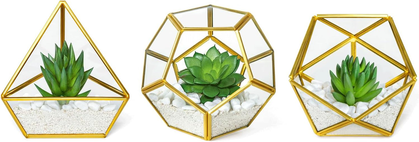 3 Pack Fake Succulents in Geometric Glass Terrarium Gold Office Decor | Lifelike Mini Fake Plants, 3 Shapes Metal Frame Pots, Fits Desk Shelf Office Home, No Maintenance, Gift Idea for Women Girls