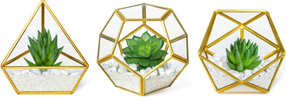 3 Pack Fake Succulents in Geometric Glass Terrarium Gold Office Decor | Lifelike Mini Fake Plants, 3 Shapes Metal Frame Pots, Fits Desk Shelf Office Home, No Maintenance, Gift Idea for Women Girls