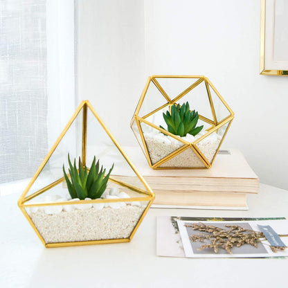 3 Pack Fake Succulents in Geometric Glass Terrarium Gold Office Decor | Lifelike Mini Fake Plants, 3 Shapes Metal Frame Pots, Fits Desk Shelf Office Home, No Maintenance, Gift Idea for Women Girls