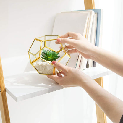 3 Pack Fake Succulents in Geometric Glass Terrarium Gold Office Decor | Lifelike Mini Fake Plants, 3 Shapes Metal Frame Pots, Fits Desk Shelf Office Home, No Maintenance, Gift Idea for Women Girls