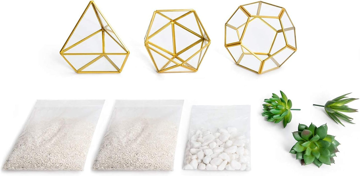 3 Pack Fake Succulents in Geometric Glass Terrarium Gold Office Decor | Lifelike Mini Fake Plants, 3 Shapes Metal Frame Pots, Fits Desk Shelf Office Home, No Maintenance, Gift Idea for Women Girls