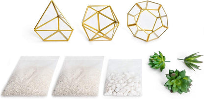 3 Pack Fake Succulents in Geometric Glass Terrarium Gold Office Decor | Lifelike Mini Fake Plants, 3 Shapes Metal Frame Pots, Fits Desk Shelf Office Home, No Maintenance, Gift Idea for Women Girls