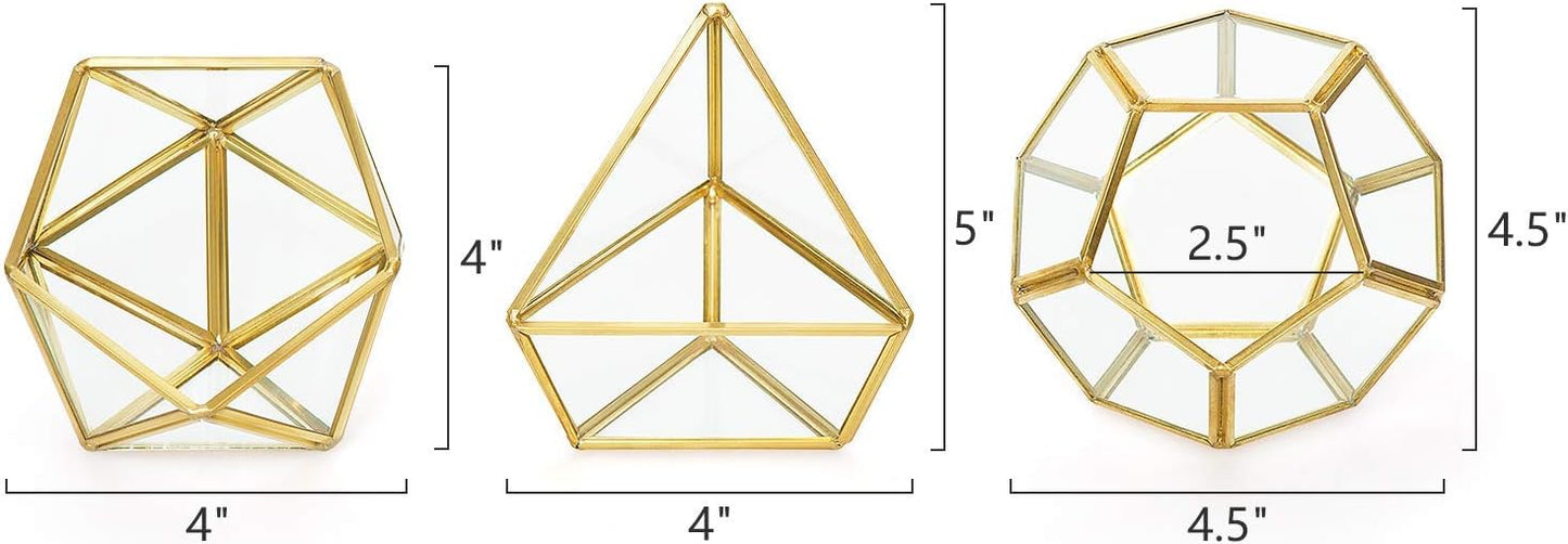 3 Pack Fake Succulents in Geometric Glass Terrarium Gold Office Decor | Lifelike Mini Fake Plants, 3 Shapes Metal Frame Pots, Fits Desk Shelf Office Home, No Maintenance, Gift Idea for Women Girls