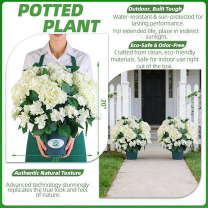 Artificial Hydrangea Bush – 20 Inch Potted Faux Hydrangea Plant, UV Resistant Outdoor Hydrangea Artificial Plants for Front Porch, Garden, Patio & Indoor Decor