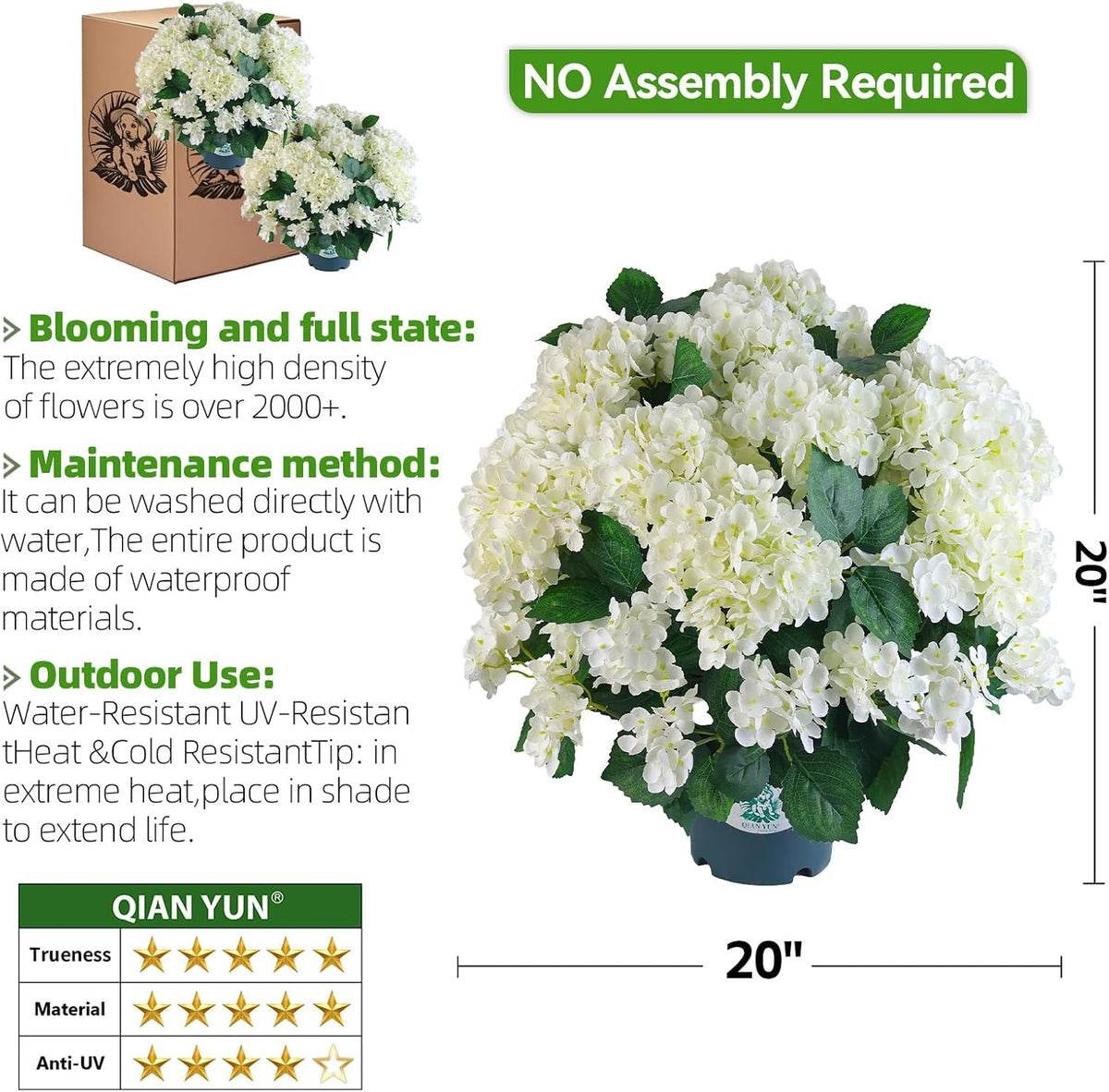 Artificial Hydrangea Bush – 20 Inch Potted Faux Hydrangea Plant, UV Resistant Outdoor Hydrangea Artificial Plants for Front Porch, Garden, Patio & Indoor Decor