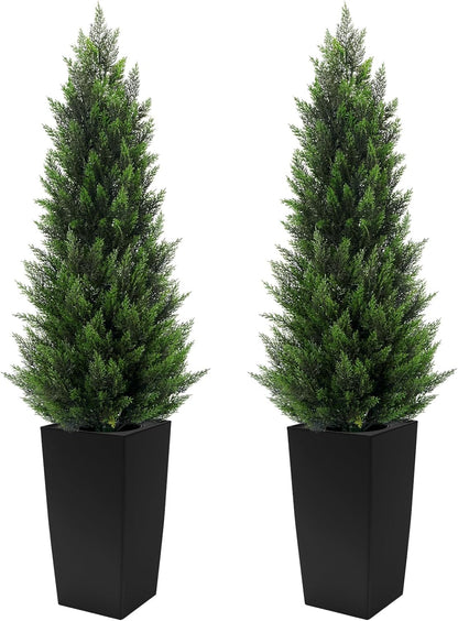 5FT Tall 2 Pack Artificial Cedar Topiary Trees with Compact Pyramidal Shape, Realistic Faux Cypress in Square Black Pot with Fillable Water Bag, Outdoor Evergreen for Front Porch Garden Home Decor
