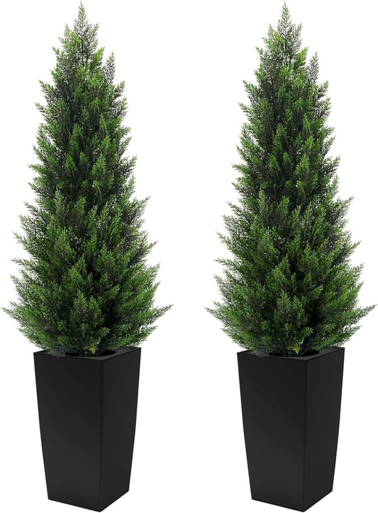 5FT Tall 2 Pack Artificial Cedar Topiary Trees with Compact Pyramidal Shape, Realistic Faux Cypress in Square Black Pot with Fillable Water Bag, Outdoor Evergreen for Front Porch Garden Home Decor