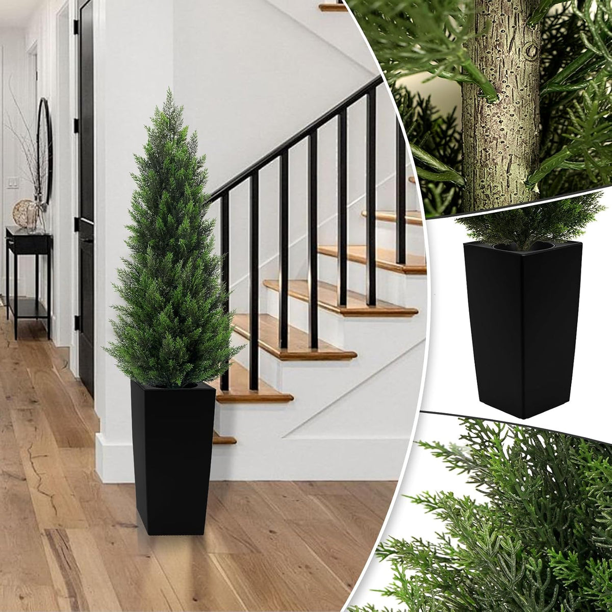 5FT Tall 2 Pack Artificial Cedar Topiary Trees with Compact Pyramidal Shape, Realistic Faux Cypress in Square Black Pot with Fillable Water Bag, Outdoor Evergreen for Front Porch Garden Home Decor