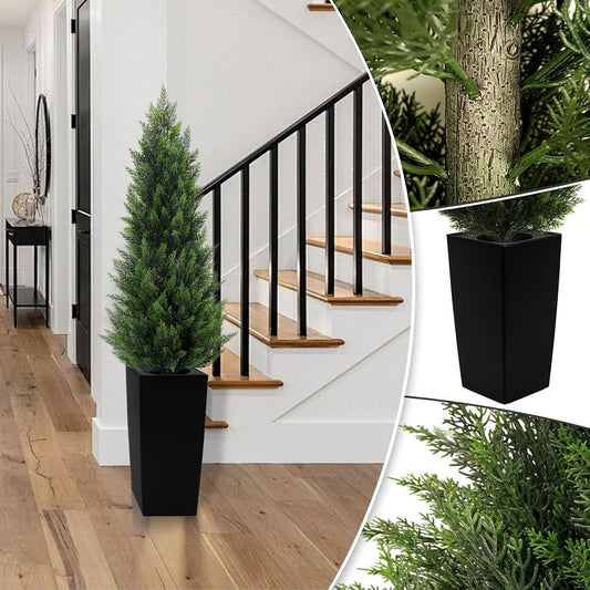 5FT Tall 2 Pack Artificial Cedar Topiary Trees with Compact Pyramidal Shape, Realistic Faux Cypress in Square Black Pot with Fillable Water Bag, Outdoor Evergreen for Front Porch Garden Home Decor