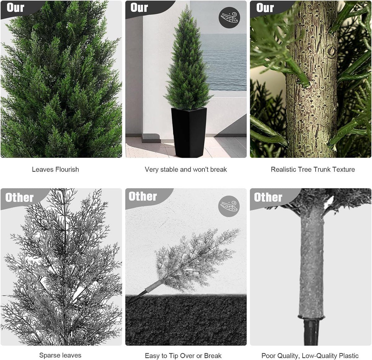 5FT Tall 2 Pack Artificial Cedar Topiary Trees with Compact Pyramidal Shape, Realistic Faux Cypress in Square Black Pot with Fillable Water Bag, Outdoor Evergreen for Front Porch Garden Home Decor
