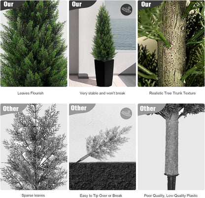 5FT Tall 2 Pack Artificial Cedar Topiary Trees with Compact Pyramidal Shape, Realistic Faux Cypress in Square Black Pot with Fillable Water Bag, Outdoor Evergreen for Front Porch Garden Home Decor