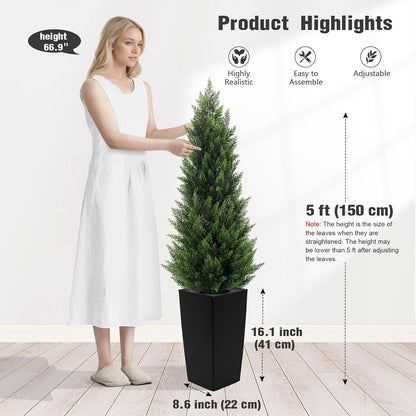 5FT Tall 2 Pack Artificial Cedar Topiary Trees with Compact Pyramidal Shape, Realistic Faux Cypress in Square Black Pot with Fillable Water Bag, Outdoor Evergreen for Front Porch Garden Home Decor