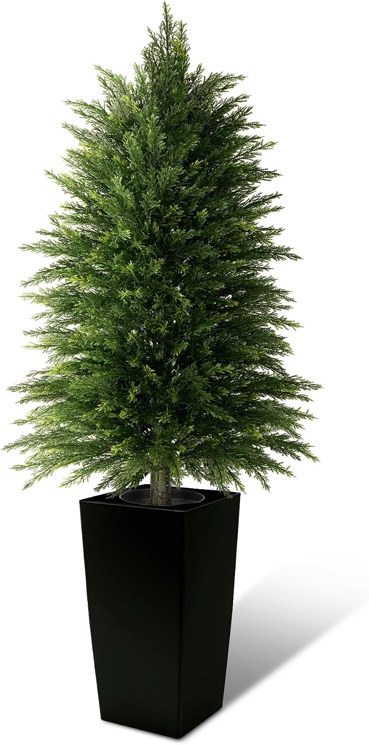 5FT Tall 2 Pack Artificial Cedar Topiary Trees with Compact Pyramidal Shape, Realistic Faux Cypress in Square Black Pot with Fillable Water Bag, Outdoor Evergreen for Front Porch Garden Home Decor
