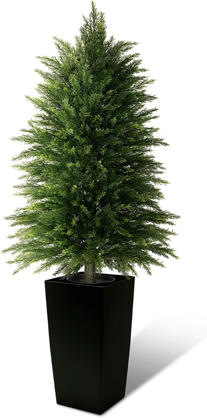 5FT Tall 2 Pack Artificial Cedar Topiary Trees with Compact Pyramidal Shape, Realistic Faux Cypress in Square Black Pot with Fillable Water Bag, Outdoor Evergreen for Front Porch Garden Home Decor