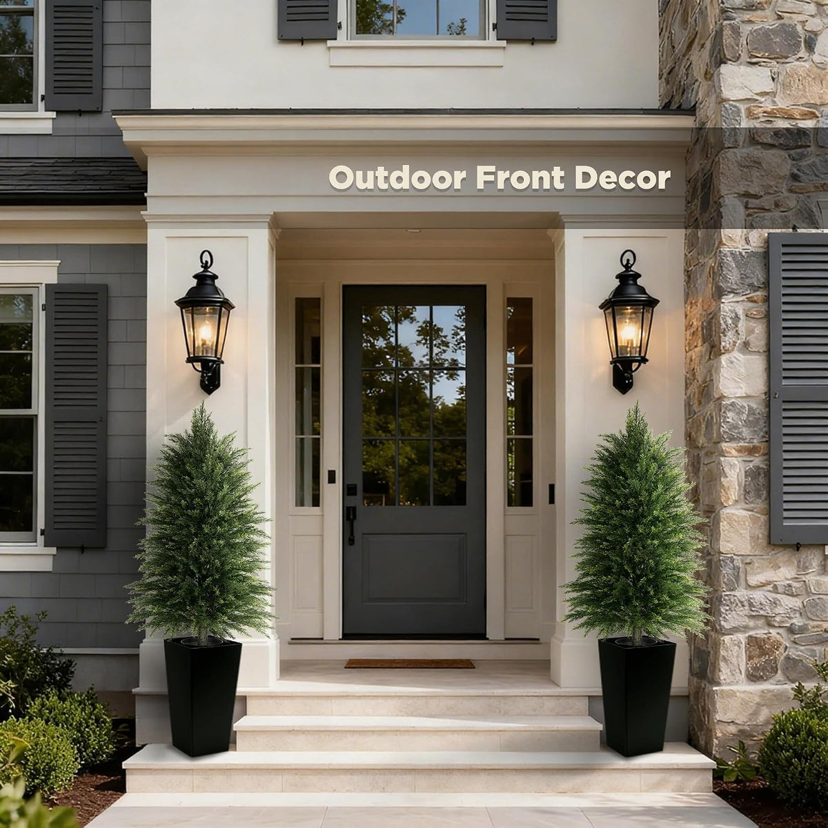 5FT Tall 2 Pack Artificial Cedar Topiary Trees with Compact Pyramidal Shape, Realistic Faux Cypress in Square Black Pot with Fillable Water Bag, Outdoor Evergreen for Front Porch Garden Home Decor
