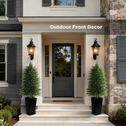 5FT Tall 2 Pack Artificial Cedar Topiary Trees with Compact Pyramidal Shape, Realistic Faux Cypress in Square Black Pot with Fillable Water Bag, Outdoor Evergreen for Front Porch Garden Home Decor