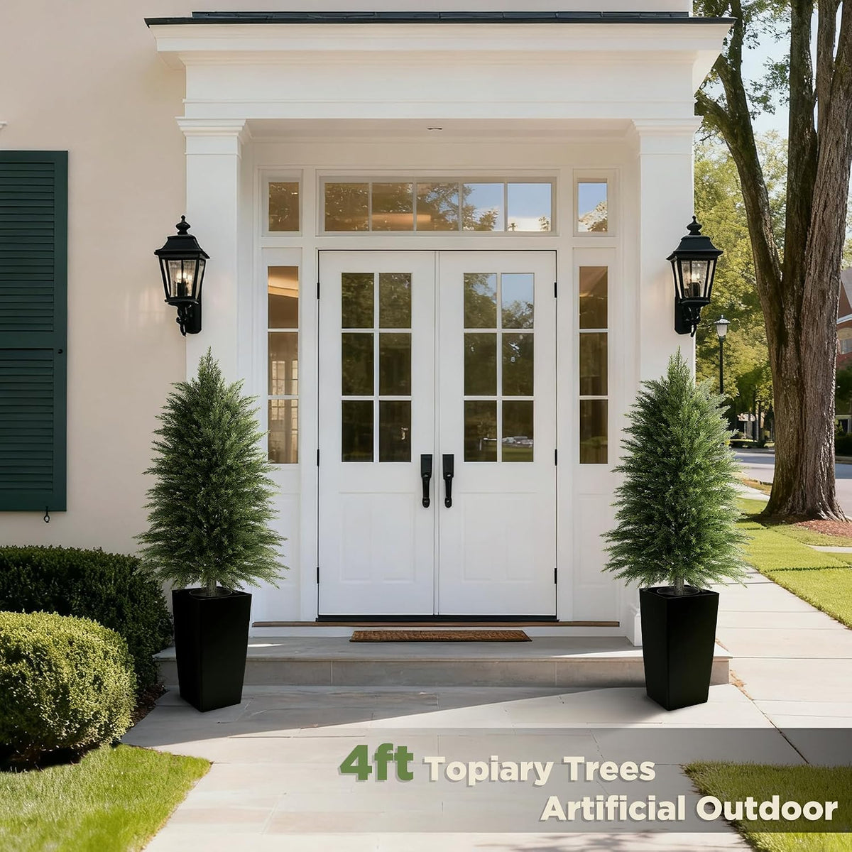 5FT Tall 2 Pack Artificial Cedar Topiary Trees with Compact Pyramidal Shape, Realistic Faux Cypress in Square Black Pot with Fillable Water Bag, Outdoor Evergreen for Front Porch Garden Home Decor