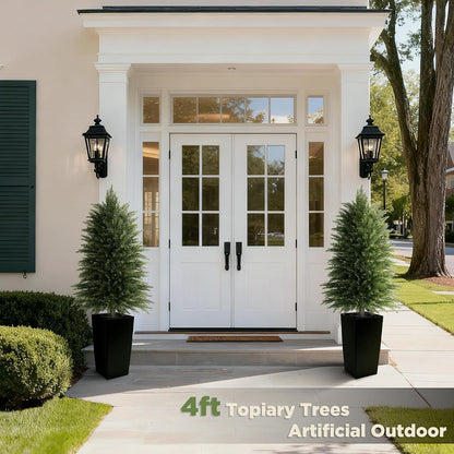 5FT Tall 2 Pack Artificial Cedar Topiary Trees with Compact Pyramidal Shape, Realistic Faux Cypress in Square Black Pot with Fillable Water Bag, Outdoor Evergreen for Front Porch Garden Home Decor