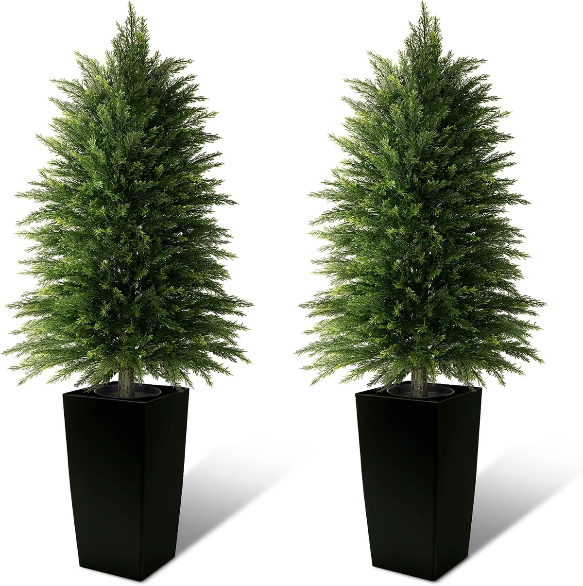 5FT Tall 2 Pack Artificial Cedar Topiary Trees with Compact Pyramidal Shape, Realistic Faux Cypress in Square Black Pot with Fillable Water Bag, Outdoor Evergreen for Front Porch Garden Home Decor