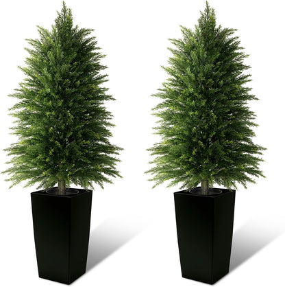5FT Tall 2 Pack Artificial Cedar Topiary Trees with Compact Pyramidal Shape, Realistic Faux Cypress in Square Black Pot with Fillable Water Bag, Outdoor Evergreen for Front Porch Garden Home Decor