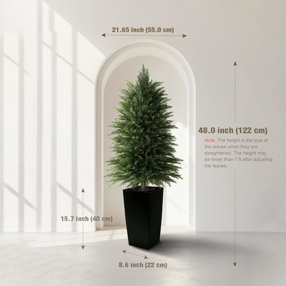 5FT Tall 2 Pack Artificial Cedar Topiary Trees with Compact Pyramidal Shape, Realistic Faux Cypress in Square Black Pot with Fillable Water Bag, Outdoor Evergreen for Front Porch Garden Home Decor