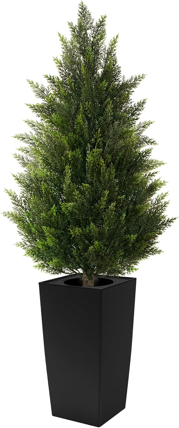 5FT Tall 2 Pack Artificial Cedar Topiary Trees with Compact Pyramidal Shape, Realistic Faux Cypress in Square Black Pot with Fillable Water Bag, Outdoor Evergreen for Front Porch Garden Home Decor