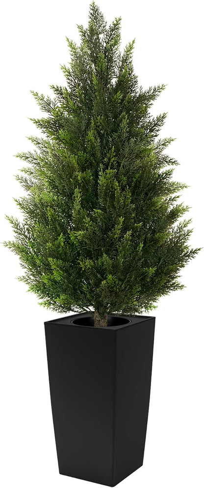 5FT Tall 2 Pack Artificial Cedar Topiary Trees with Compact Pyramidal Shape, Realistic Faux Cypress in Square Black Pot with Fillable Water Bag, Outdoor Evergreen for Front Porch Garden Home Decor