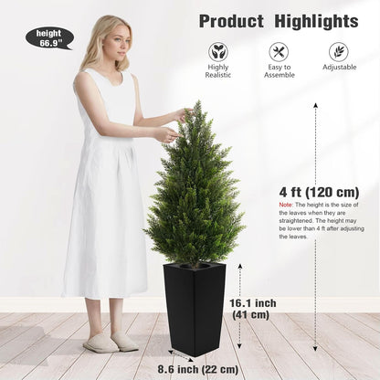 5FT Tall 2 Pack Artificial Cedar Topiary Trees with Compact Pyramidal Shape, Realistic Faux Cypress in Square Black Pot with Fillable Water Bag, Outdoor Evergreen for Front Porch Garden Home Decor