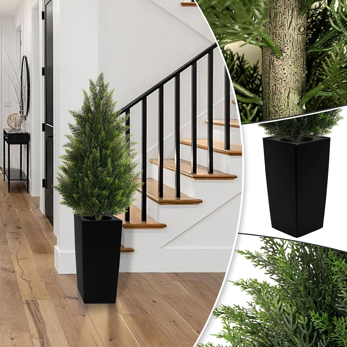5FT Tall 2 Pack Artificial Cedar Topiary Trees with Compact Pyramidal Shape, Realistic Faux Cypress in Square Black Pot with Fillable Water Bag, Outdoor Evergreen for Front Porch Garden Home Decor