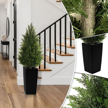 5FT Tall 2 Pack Artificial Cedar Topiary Trees with Compact Pyramidal Shape, Realistic Faux Cypress in Square Black Pot with Fillable Water Bag, Outdoor Evergreen for Front Porch Garden Home Decor
