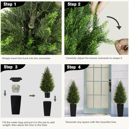 5FT Tall 2 Pack Artificial Cedar Topiary Trees with Compact Pyramidal Shape, Realistic Faux Cypress in Square Black Pot with Fillable Water Bag, Outdoor Evergreen for Front Porch Garden Home Decor