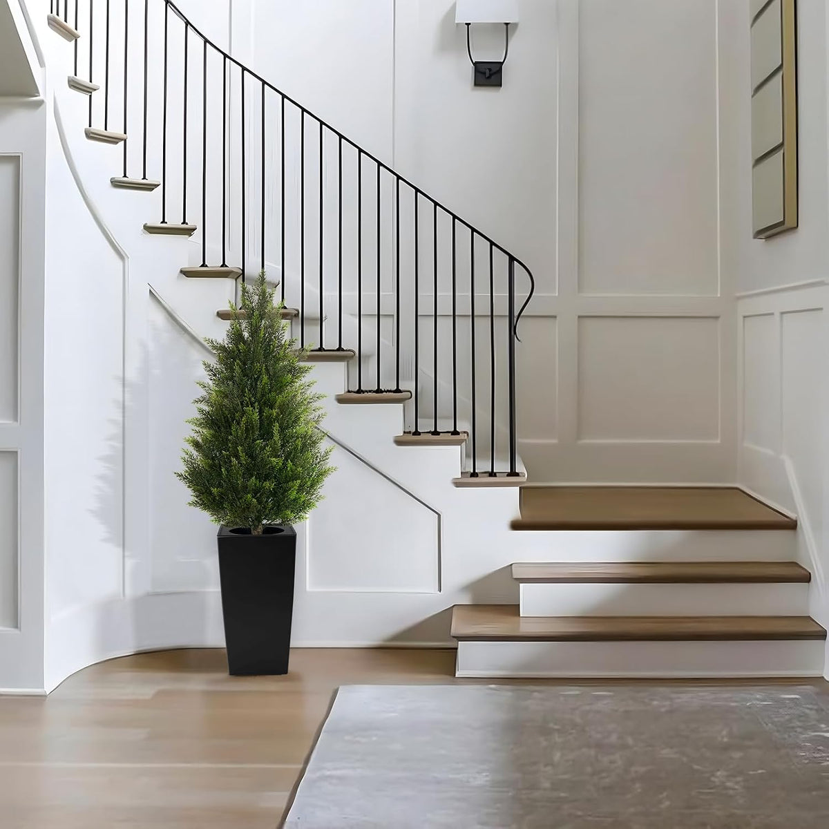 5FT Tall 2 Pack Artificial Cedar Topiary Trees with Compact Pyramidal Shape, Realistic Faux Cypress in Square Black Pot with Fillable Water Bag, Outdoor Evergreen for Front Porch Garden Home Decor