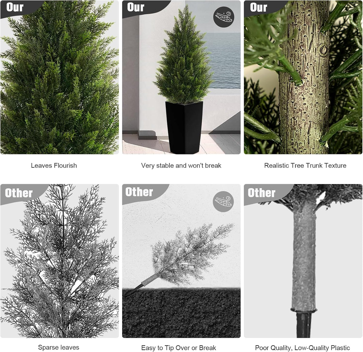 5FT Tall 2 Pack Artificial Cedar Topiary Trees with Compact Pyramidal Shape, Realistic Faux Cypress in Square Black Pot with Fillable Water Bag, Outdoor Evergreen for Front Porch Garden Home Decor