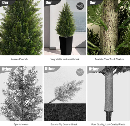 5FT Tall 2 Pack Artificial Cedar Topiary Trees with Compact Pyramidal Shape, Realistic Faux Cypress in Square Black Pot with Fillable Water Bag, Outdoor Evergreen for Front Porch Garden Home Decor