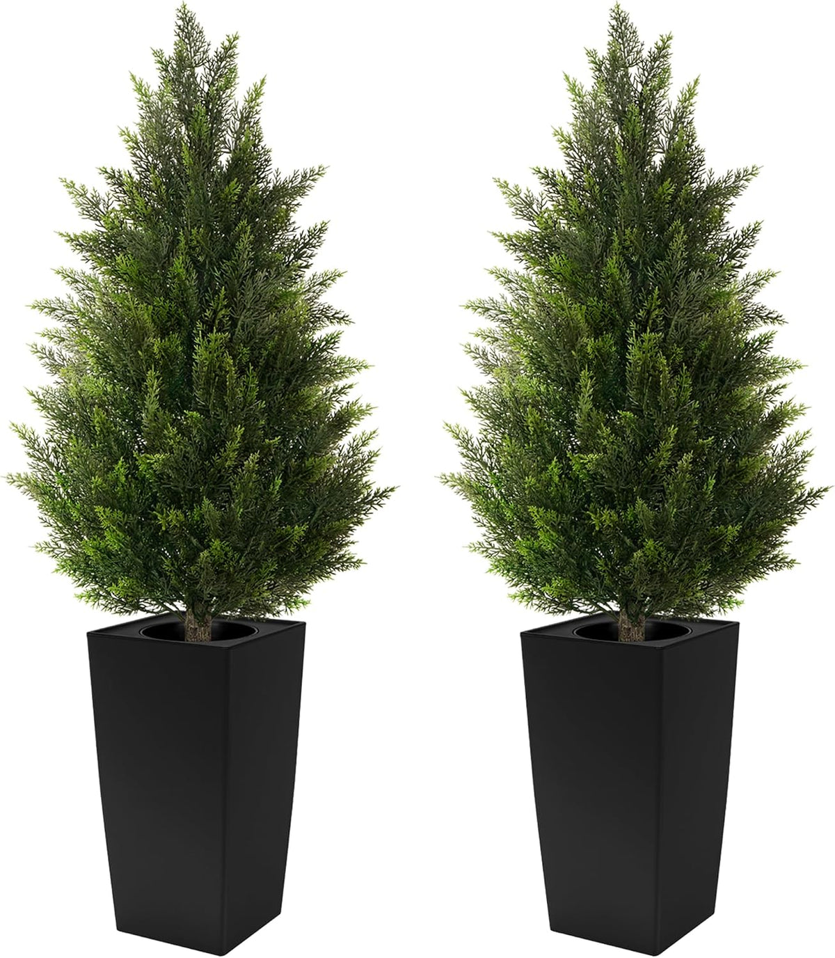 5FT Tall 2 Pack Artificial Cedar Topiary Trees with Compact Pyramidal Shape, Realistic Faux Cypress in Square Black Pot with Fillable Water Bag, Outdoor Evergreen for Front Porch Garden Home Decor