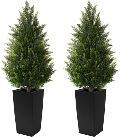 5FT Tall 2 Pack Artificial Cedar Topiary Trees with Compact Pyramidal Shape, Realistic Faux Cypress in Square Black Pot with Fillable Water Bag, Outdoor Evergreen for Front Porch Garden Home Decor