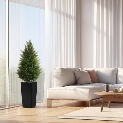 5FT Tall 2 Pack Artificial Cedar Topiary Trees with Compact Pyramidal Shape, Realistic Faux Cypress in Square Black Pot with Fillable Water Bag, Outdoor Evergreen for Front Porch Garden Home Decor