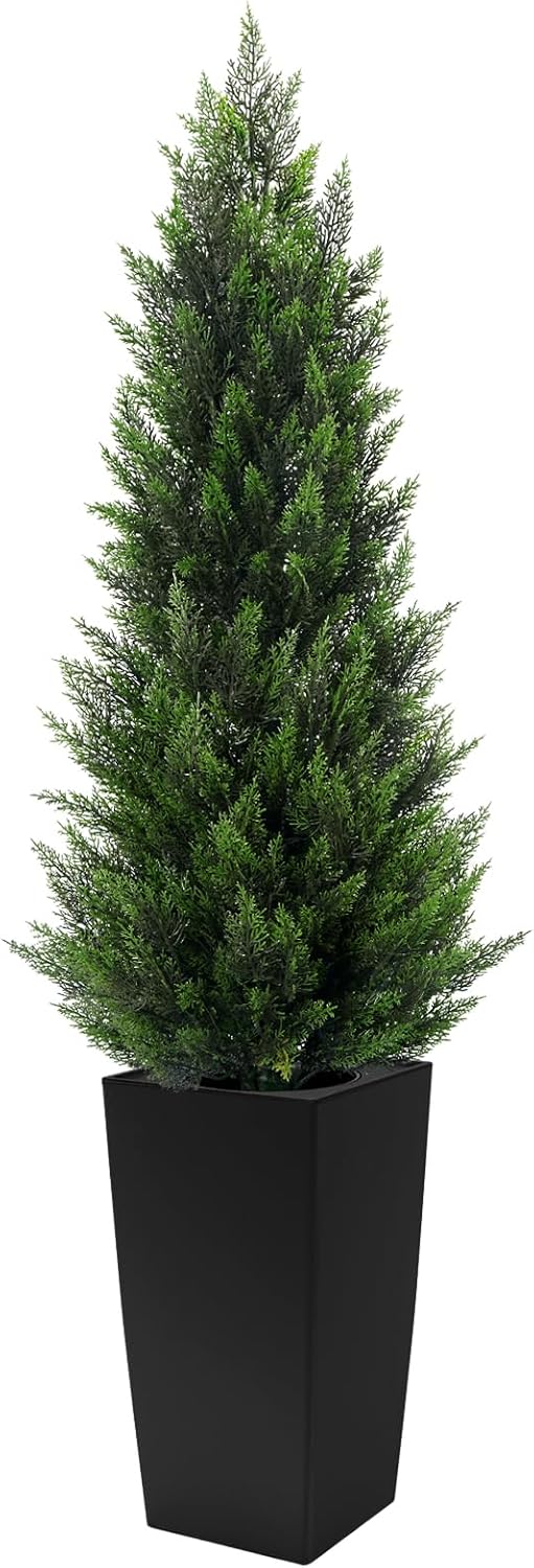 5FT Tall 2 Pack Artificial Cedar Topiary Trees with Compact Pyramidal Shape, Realistic Faux Cypress in Square Black Pot with Fillable Water Bag, Outdoor Evergreen for Front Porch Garden Home Decor