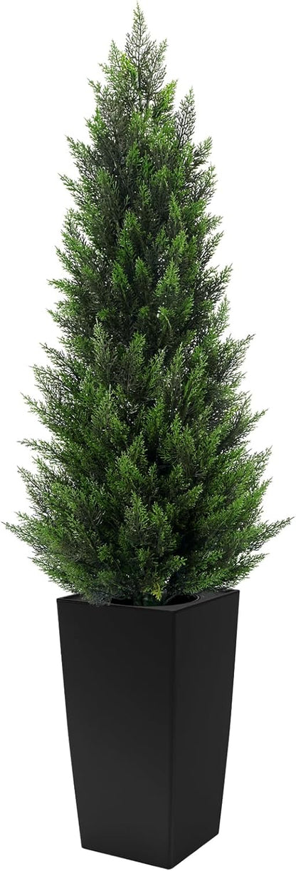 5FT Tall 2 Pack Artificial Cedar Topiary Trees with Compact Pyramidal Shape, Realistic Faux Cypress in Square Black Pot with Fillable Water Bag, Outdoor Evergreen for Front Porch Garden Home Decor