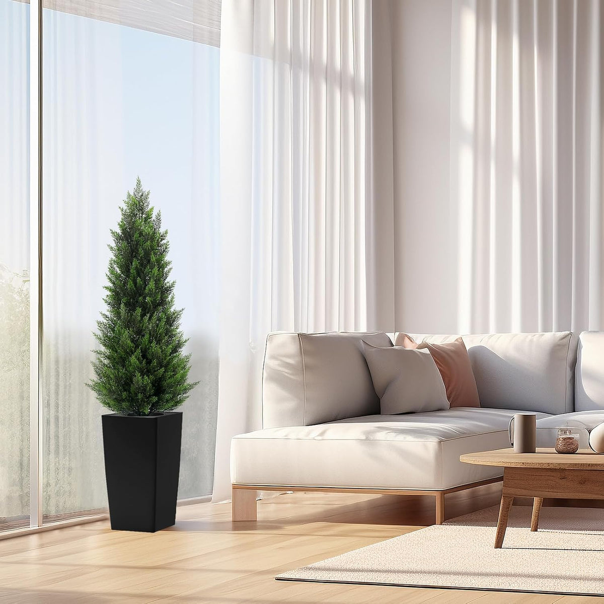 5FT Tall 2 Pack Artificial Cedar Topiary Trees with Compact Pyramidal Shape, Realistic Faux Cypress in Square Black Pot with Fillable Water Bag, Outdoor Evergreen for Front Porch Garden Home Decor