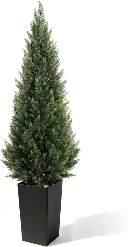 5FT Tall 2 Pack Artificial Cedar Topiary Trees with Compact Pyramidal Shape, Realistic Faux Cypress in Square Black Pot with Fillable Water Bag, Outdoor Evergreen for Front Porch Garden Home Decor