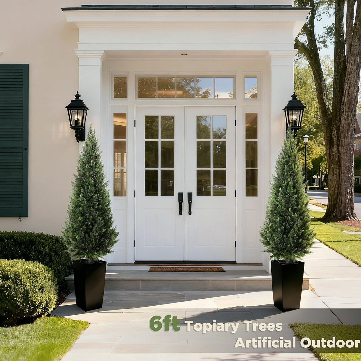 5FT Tall 2 Pack Artificial Cedar Topiary Trees with Compact Pyramidal Shape, Realistic Faux Cypress in Square Black Pot with Fillable Water Bag, Outdoor Evergreen for Front Porch Garden Home Decor