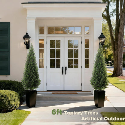 5FT Tall 2 Pack Artificial Cedar Topiary Trees with Compact Pyramidal Shape, Realistic Faux Cypress in Square Black Pot with Fillable Water Bag, Outdoor Evergreen for Front Porch Garden Home Decor
