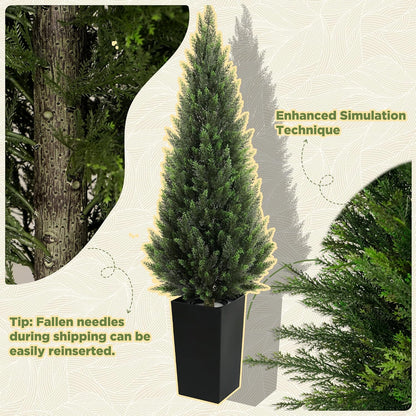 5FT Tall 2 Pack Artificial Cedar Topiary Trees with Compact Pyramidal Shape, Realistic Faux Cypress in Square Black Pot with Fillable Water Bag, Outdoor Evergreen for Front Porch Garden Home Decor