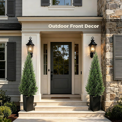 5FT Tall 2 Pack Artificial Cedar Topiary Trees with Compact Pyramidal Shape, Realistic Faux Cypress in Square Black Pot with Fillable Water Bag, Outdoor Evergreen for Front Porch Garden Home Decor