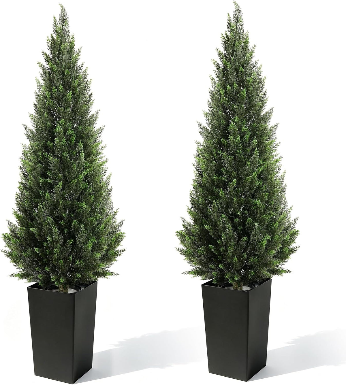 5FT Tall 2 Pack Artificial Cedar Topiary Trees with Compact Pyramidal Shape, Realistic Faux Cypress in Square Black Pot with Fillable Water Bag, Outdoor Evergreen for Front Porch Garden Home Decor