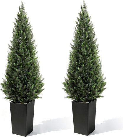 5FT Tall 2 Pack Artificial Cedar Topiary Trees with Compact Pyramidal Shape, Realistic Faux Cypress in Square Black Pot with Fillable Water Bag, Outdoor Evergreen for Front Porch Garden Home Decor