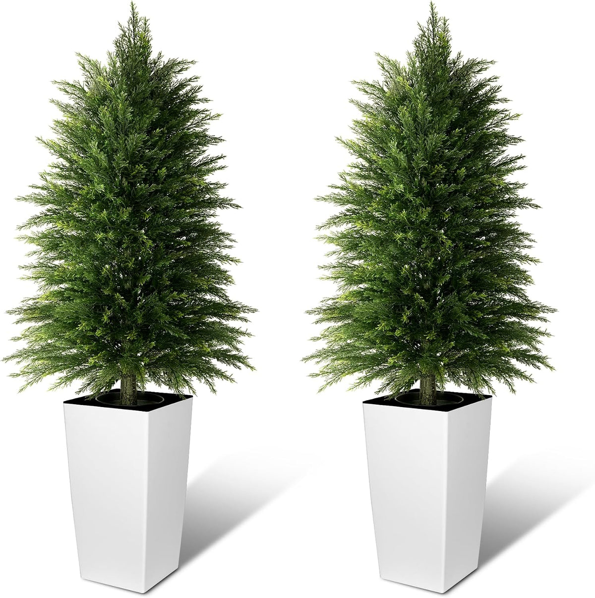 5FT Tall 2 Pack Artificial Cedar Topiary Trees with Compact Pyramidal Shape, Realistic Faux Cypress in Square Black Pot with Fillable Water Bag, Outdoor Evergreen for Front Porch Garden Home Decor
