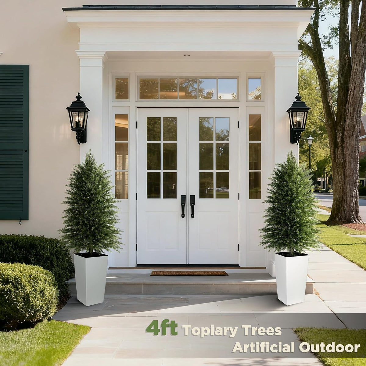 5FT Tall 2 Pack Artificial Cedar Topiary Trees with Compact Pyramidal Shape, Realistic Faux Cypress in Square Black Pot with Fillable Water Bag, Outdoor Evergreen for Front Porch Garden Home Decor